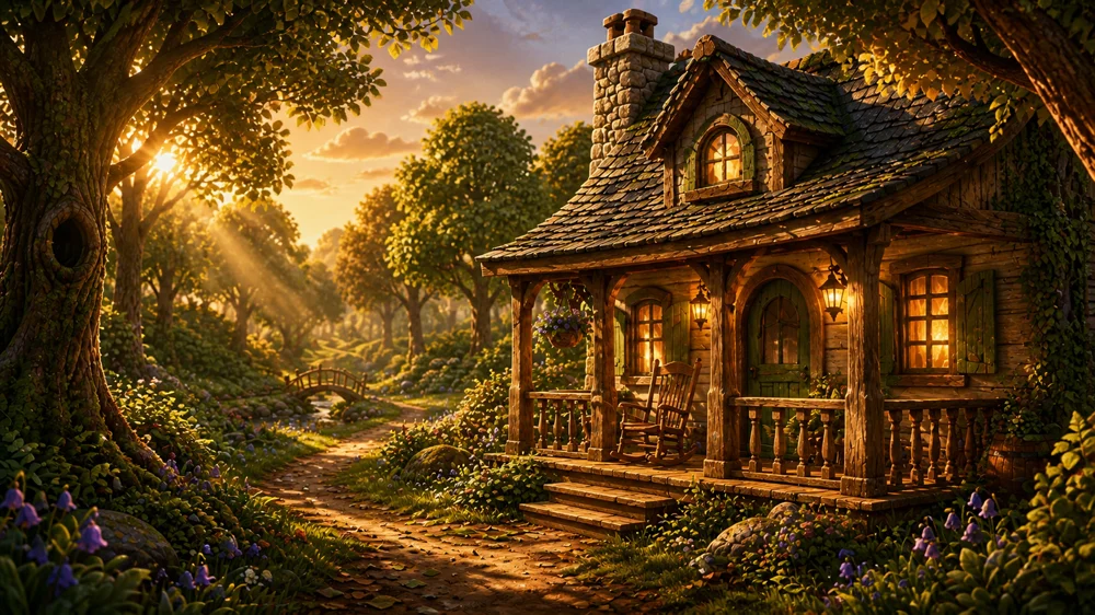 Grandpa Bo's cottage glowing at golden hour at the edge of Willow Wood