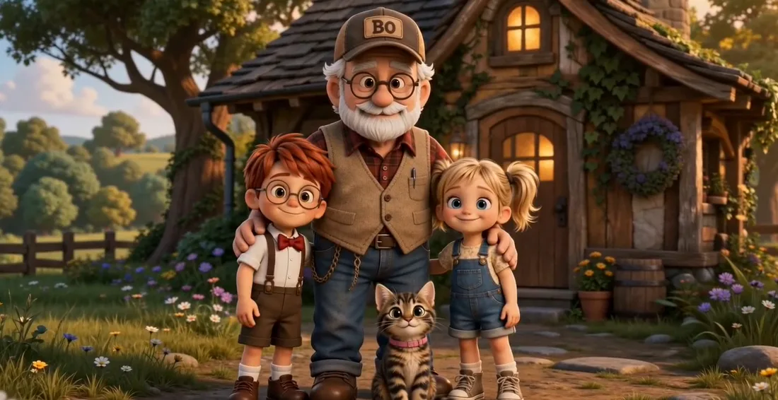 Fletcher, Grandpa Bo, Sable and Tink together in front of the cottage at golden hour