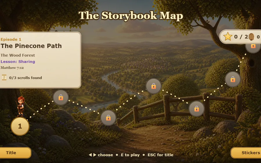 The Storybook Map showing Episode 1, The Pinecone Path, with the lesson of Sharing