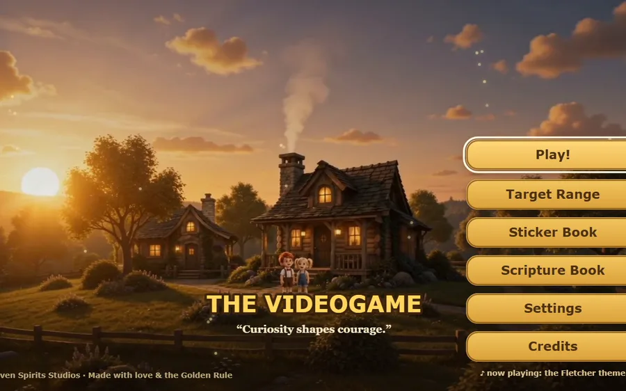 The game's title menu with Play, Target Range, Sticker Book and Scripture Book options