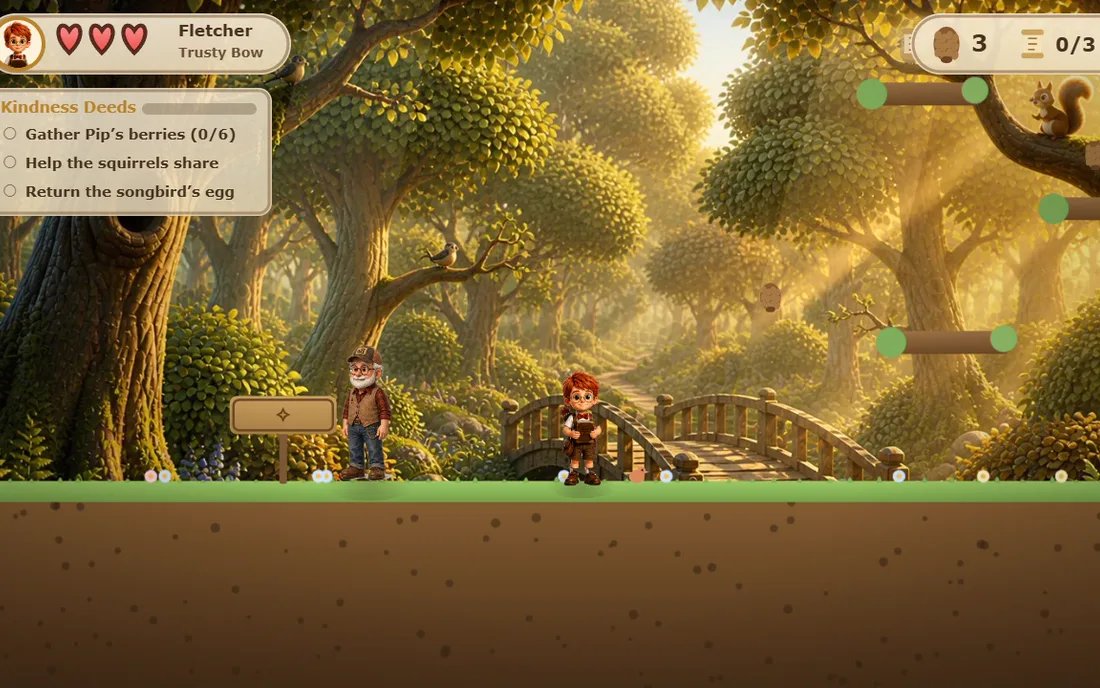 Fletcher exploring a sunlit forest level with Kindness Deeds and a wooden bridge
