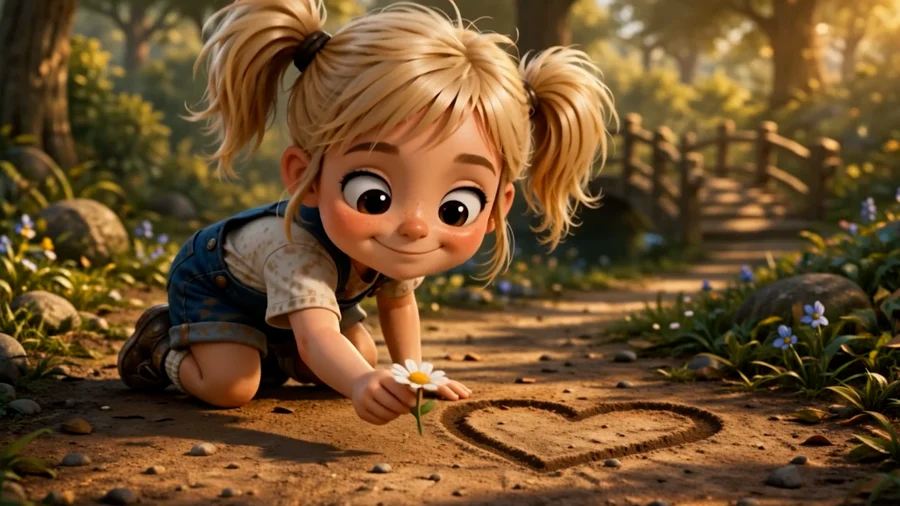 Sable placing a daisy inside a heart drawn in the dirt