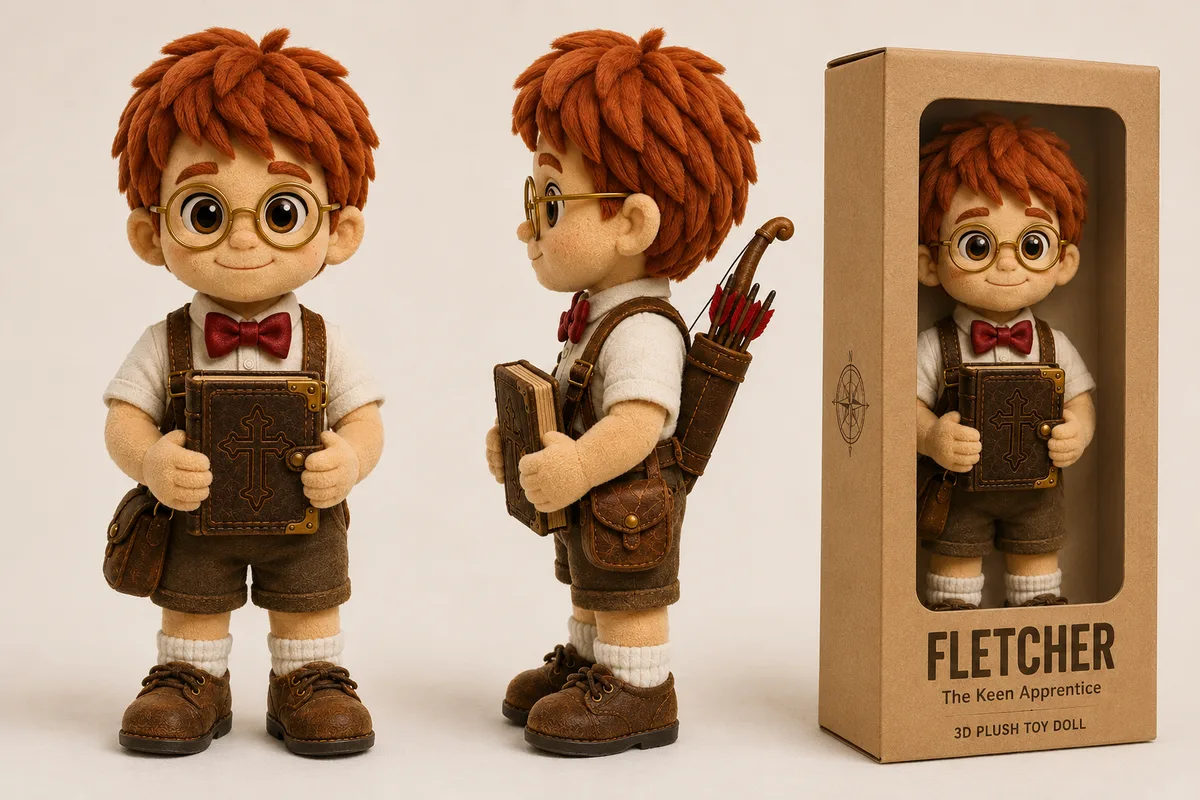 Fletcher 3D plush toy doll with scripture book, bow and quiver accessories